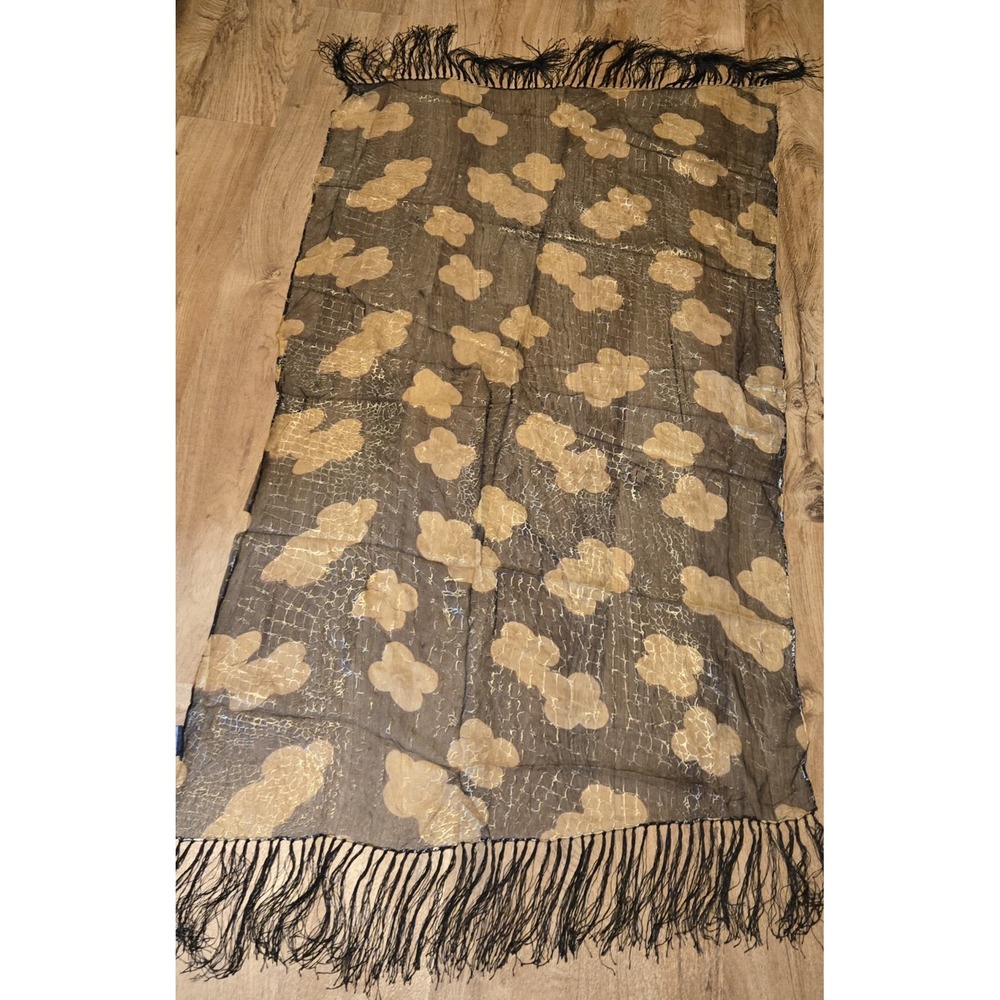 Sheer Silk Metallic Scarf 30x49 Black Gold Abstract Crackle Fringe Evening Wrap - Picture 7 of 11